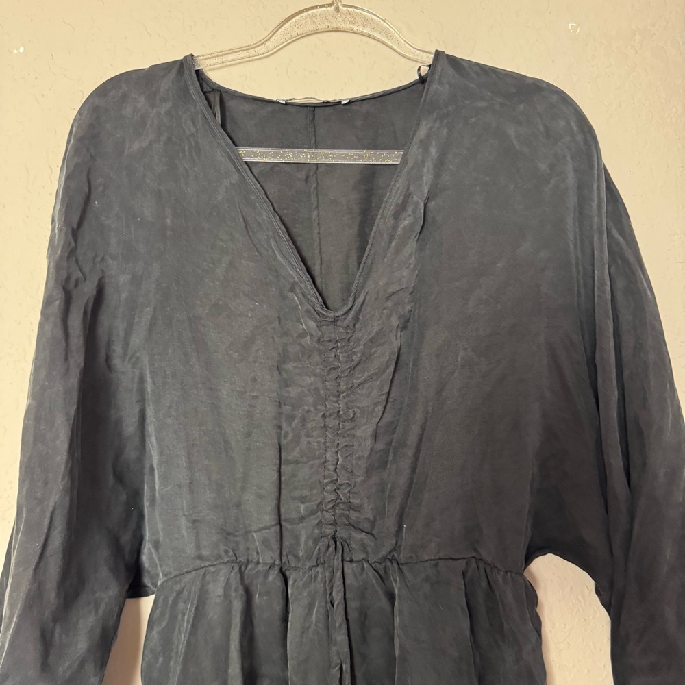 Zara Black Long Dolman Sleeve Mini Dress Gathered V Neck - Picture 3 of 9
